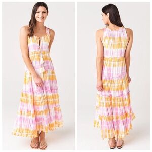 Cool Change Tie Dye Maxi Dress Womens M Pink Orange Tiered Boho Coastal Resort
